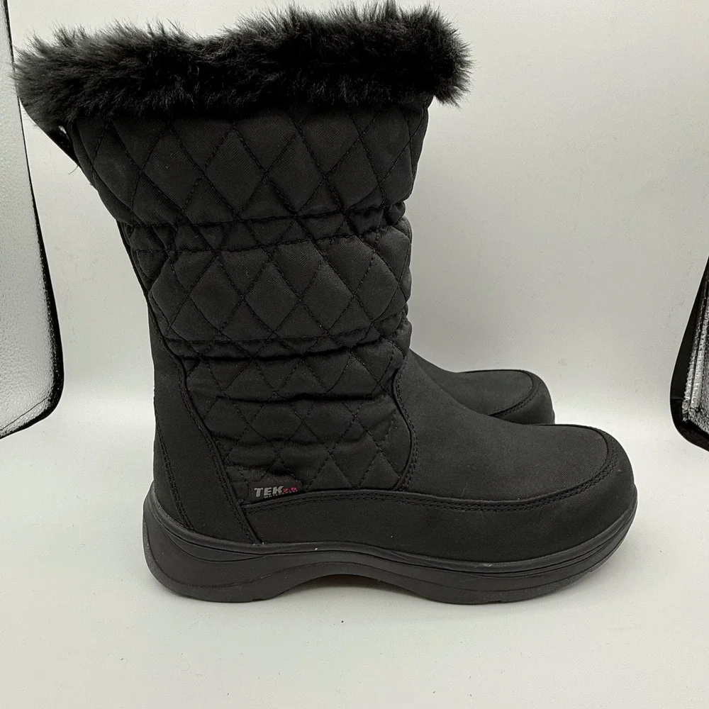 LL Bean Tek 2.0 Waterproof Winter Boots Black Quilted Faux Fur Primaloft 296497
